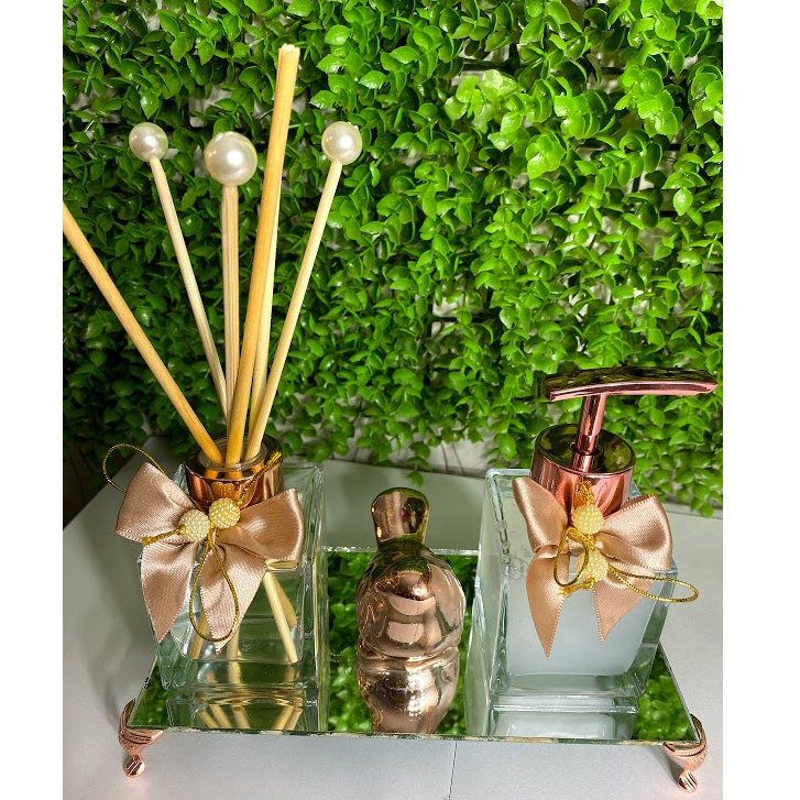 Kit Lavabo Luxo Banheiro Saboneteira Difusor+bandeija + passarinho rose gold