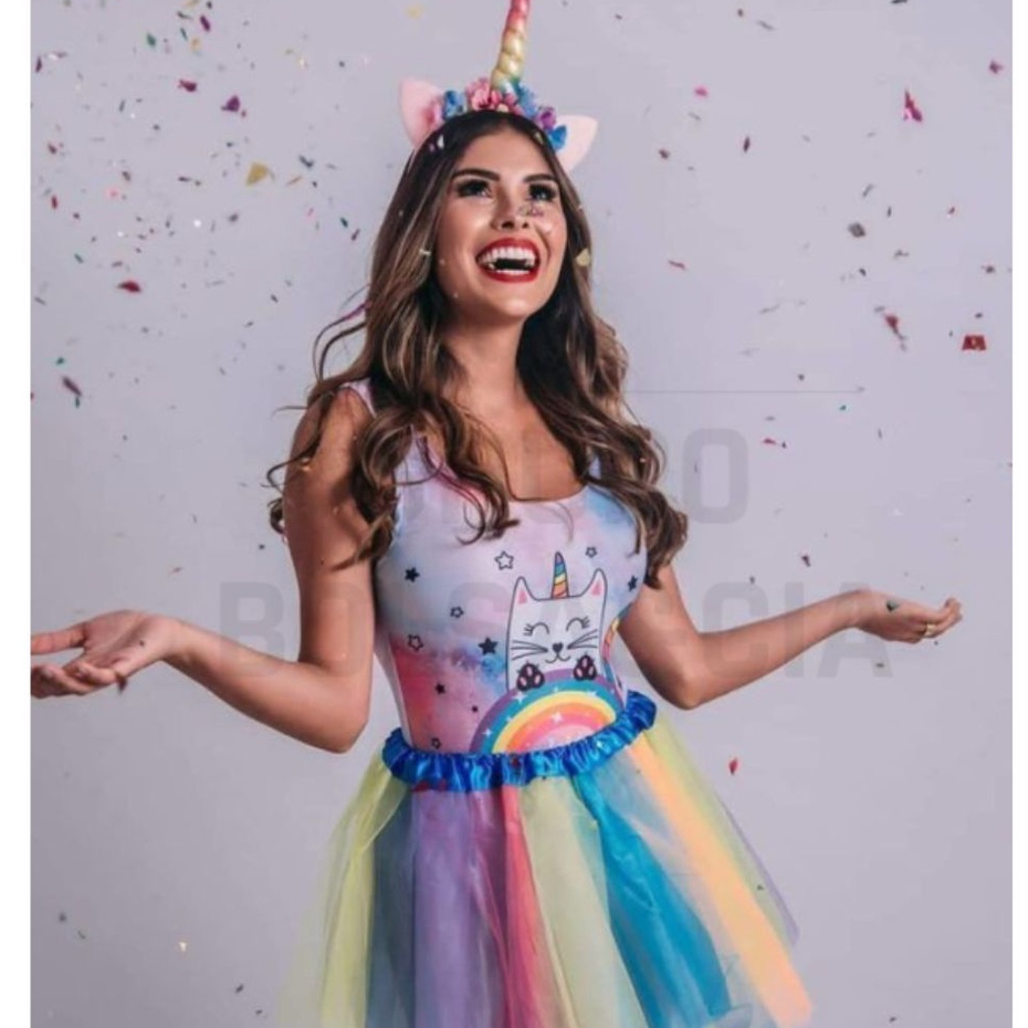 Fantasia Unicórnio Saia + Tiara Carnaval Bloco de Rua Tamanho Adulto