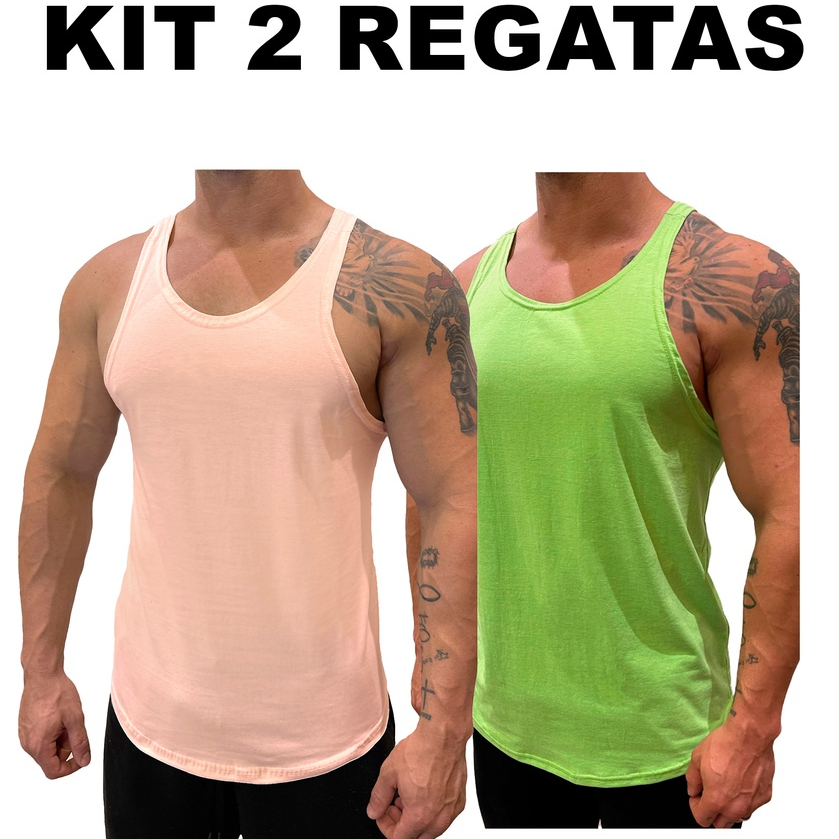 Kit com 2 Regatas Masculinas Modelo Cavada Nadador 100% Algodão Lisas Sem Estampa Básica - Bombey