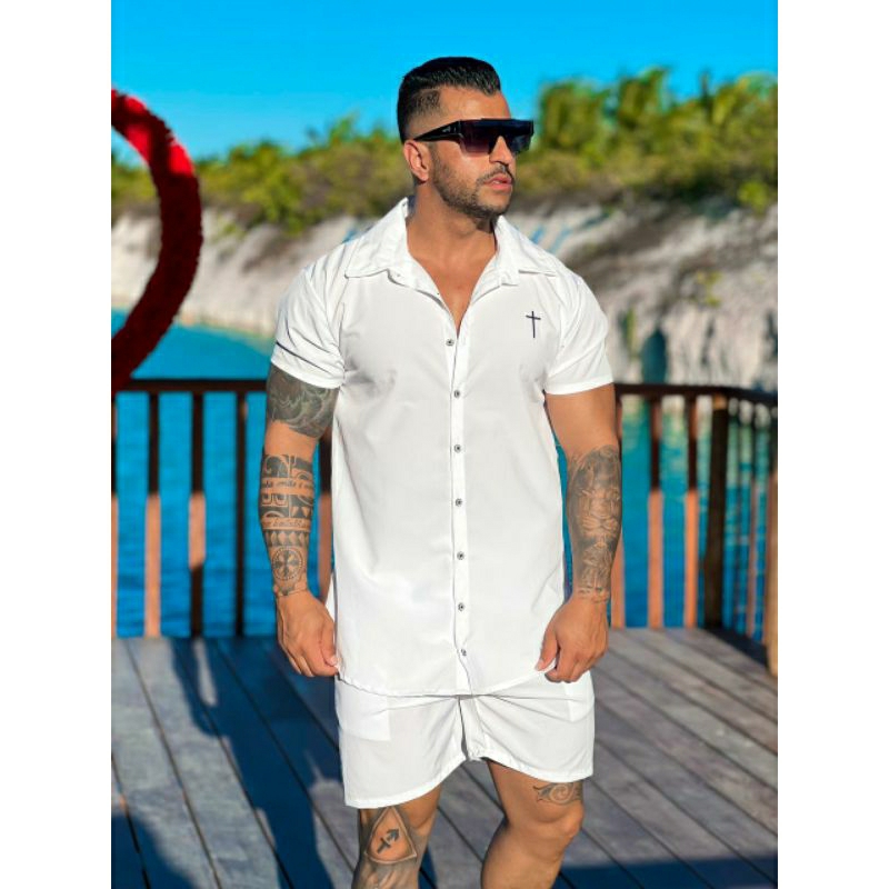 Conjunto Praia Branco 2 Peças Camisa e Short Masculino Tecido Tactel com  Elastano Verão Carnaval - Escorrega o Preço
