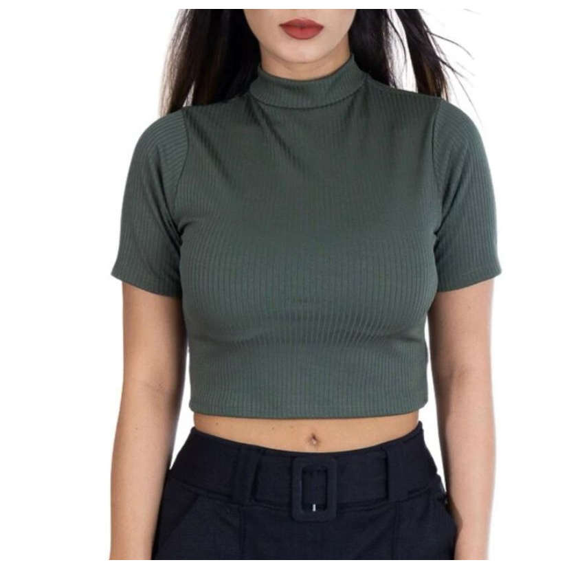 Blusa Cropped feminino canelado básico manga curta gola alta elegante linda