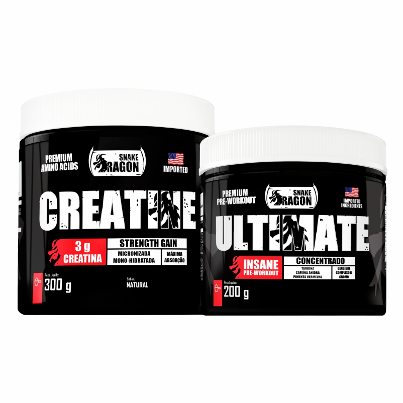 Kit Creatina, pote 300g, Snake Dragon + Ultimate Pré Treino 200g