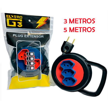 Extensão Elétrica Retrátil 3 Metros e 5 Metros Tripolar 10a 3 Tomadas