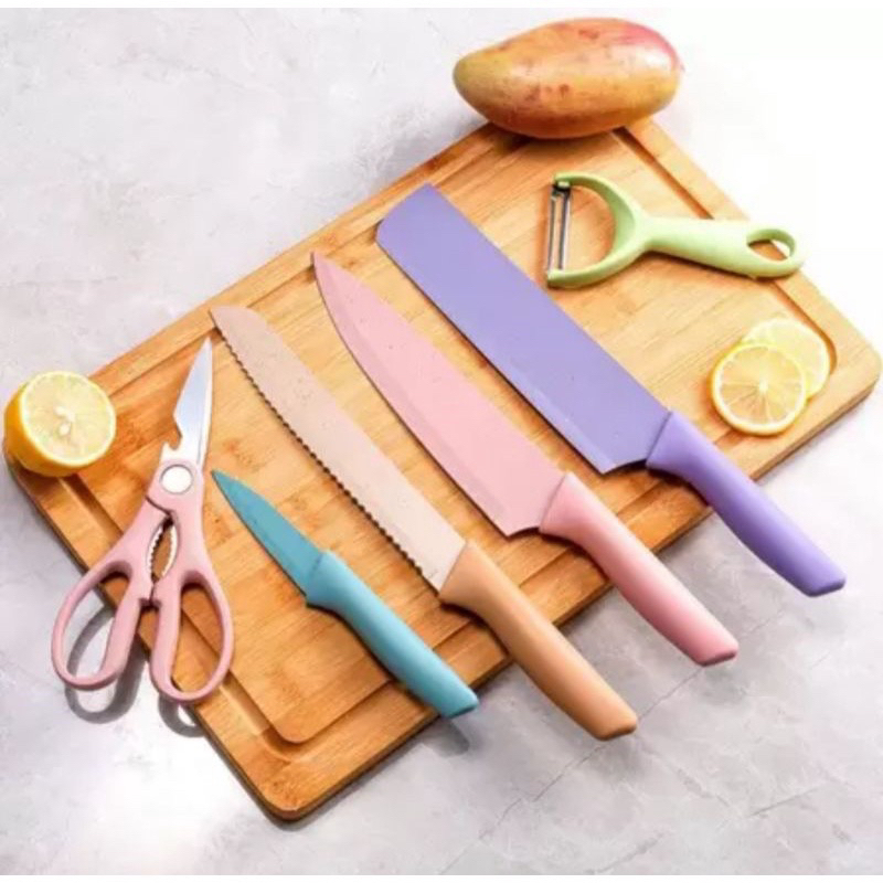 Jogo de Facas de Cozinha Churrasco Gourmet Aço Inoxidável Colorida Kit com 4 Facas + Tesoura + Descascador Coloridos