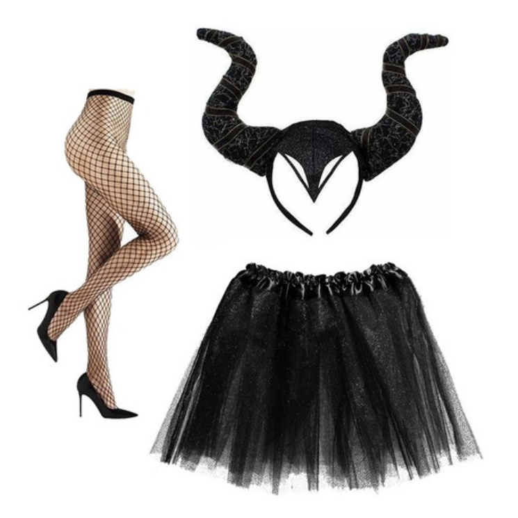 Kit Fantasia Malévola 3 Peças Preto Adulto Arco Saia E Meia Carnaval Halloween