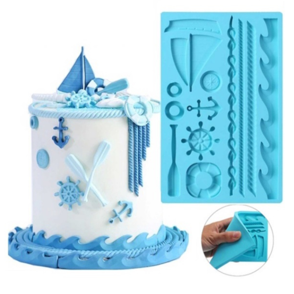Molde de Silicone Tema Náutico - Barco, Âncora, Remo, Vela, Leme - Molde de Silicone Tema Mar / Marítimo para Artesanato e Confeitaria - Forma para Biscuit e Pasta Americana