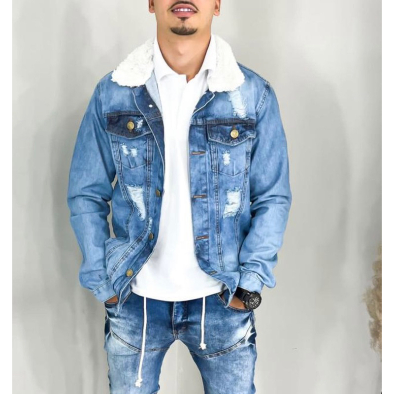 Jaqueta jeans destroyed de pelinho em Oferta na Shopee