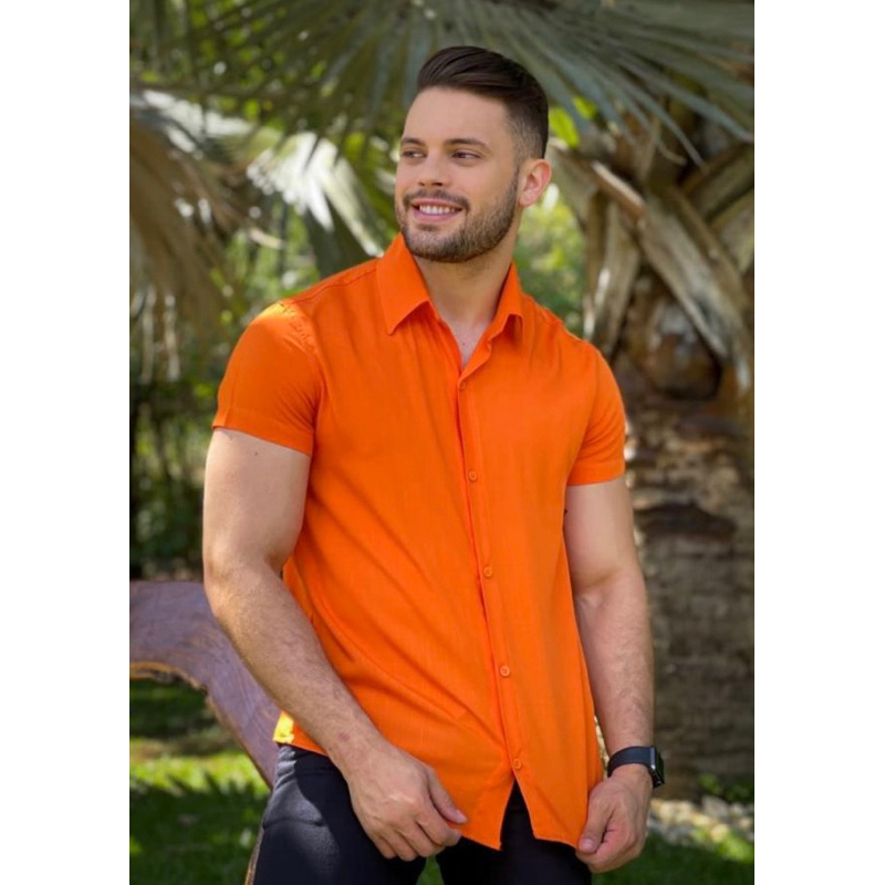 Camisa masculina Cores Lisas em VISCOLINHO de botão manga curta Camisa Social