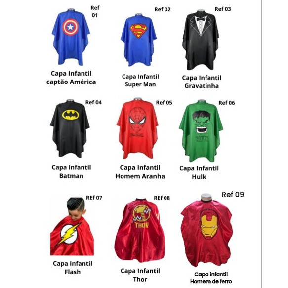 Capa de corte infantil de cetim barbearia cabeleireiro salão de beleza capitão América hulk super homem batman em Oferta na Shopee