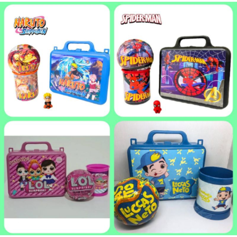 Kit Escola infantil Maleta + Copo + bola surpresa personagens Naruto Lol Ben 10 Lucas neto Sonic Vingadores Pokémon