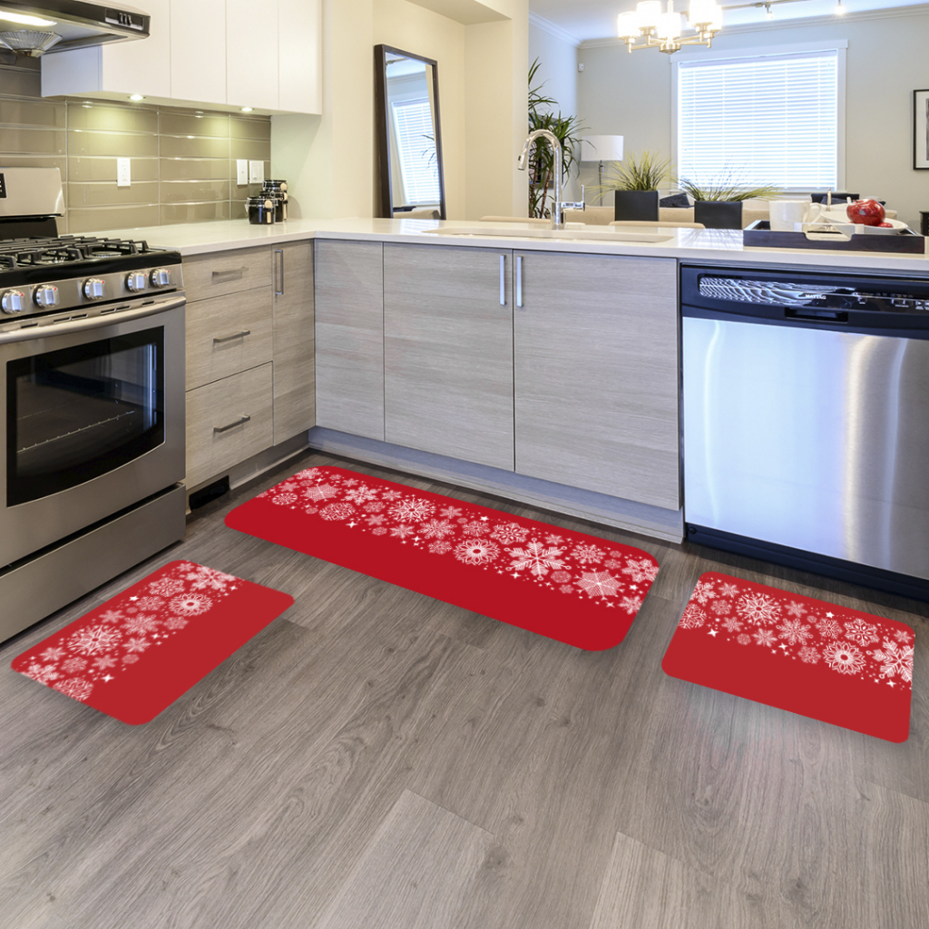 Kit Jogo 3 Peças de Tapete para Cozinha NATAL Flocos de Neve Antiderrapante Dcorô