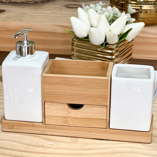 Kit Banheiro Lavabo Saboneteira Difusor Porcelana Base Bambu 3 Peças