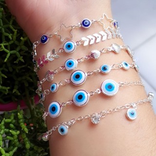 Pulseira feminina folheada a prata 925 olho grego