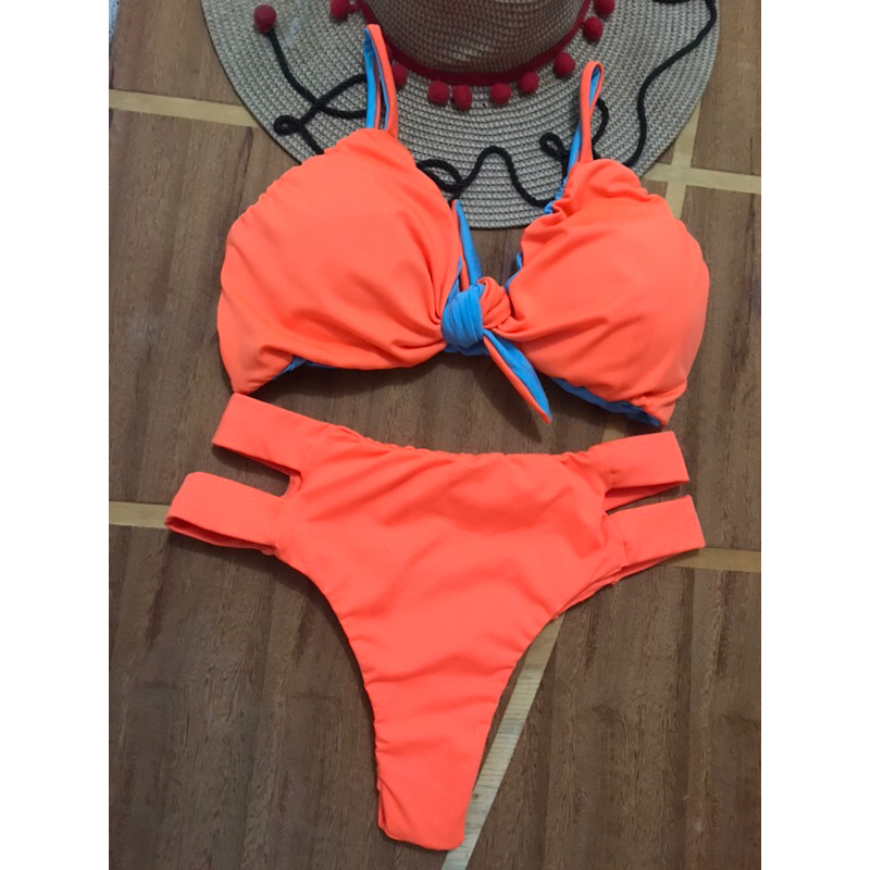 Biquíni nó sutiã dupla face face com calcinha cintura média/alta - azul bebê com laranja