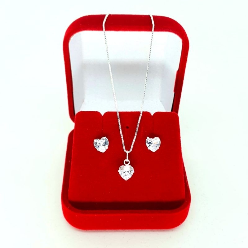 Kit de brincos e colar conjunto feminino coração zirconia prata 925 legítima