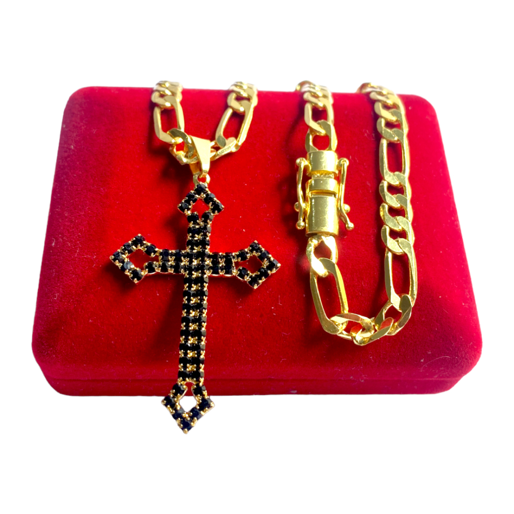 Cordão Banhado em Ouro 18K 3x1 7mm CRUZ C/ ZIRCÔNIA - Banho de Ouro 18k - FEIXO GAVETA PREMIUM