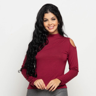 Blusa Feminina Básica Cacharrel Gola Alta Segunda Pele Manga Longa Ombro Vazado De Fora Viscolycra