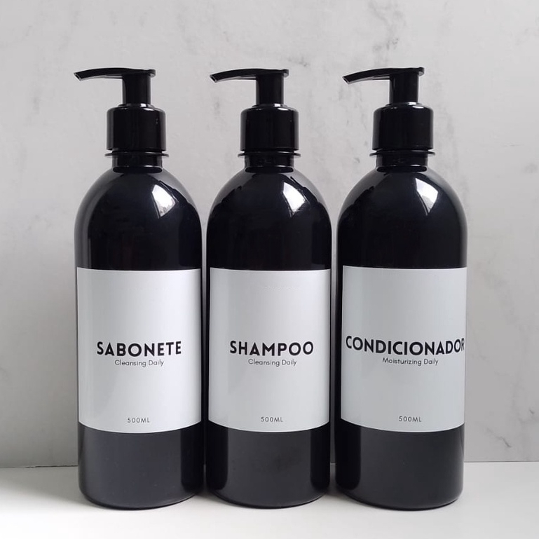 Kit Frascos Pretos 3 Peças Shampoo  Condicionador  Sabonete 500ml em Oferta na Shopee