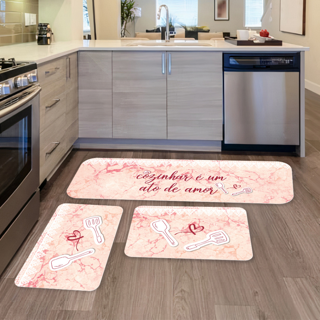Kit Jogo 3 Peças de Tapete para Cozinha Amor Antiderrapante Dcorô. em Oferta na Shopee
