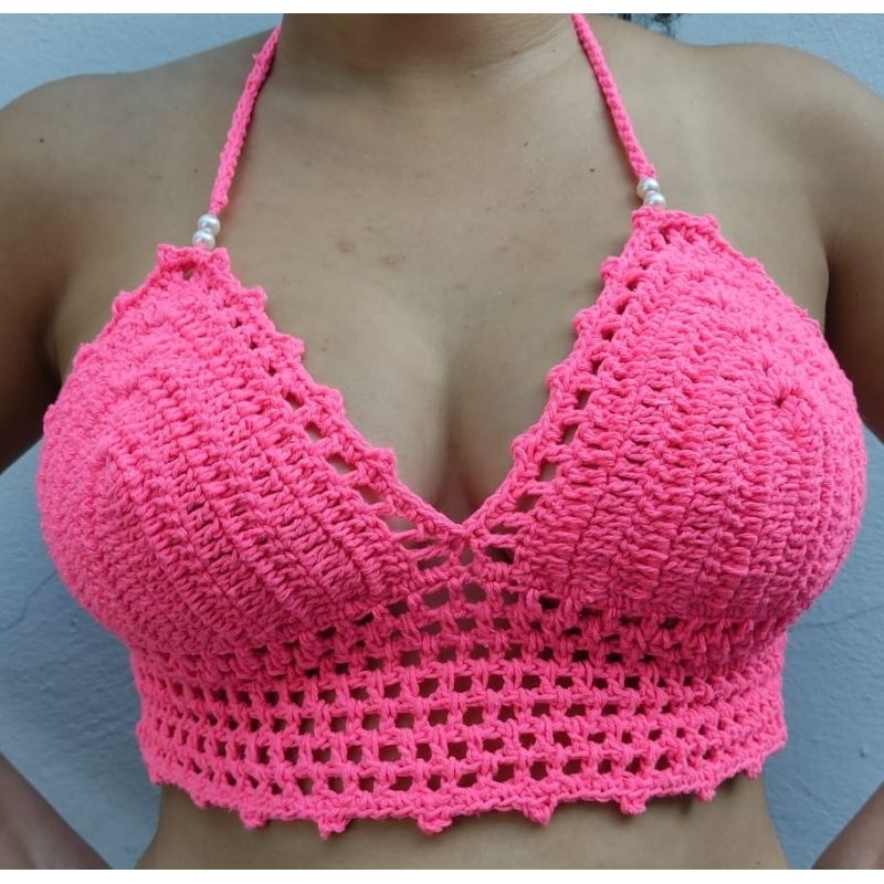 Cropped de croche plussize top croped neon com pérolas amarração nas costas