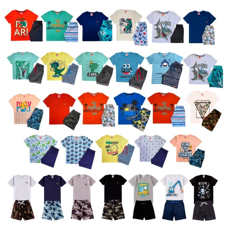 kit 3 conjuntos masculino infantil verão bermuda e camisa estampada tamanho 1 2 3 4 6 8