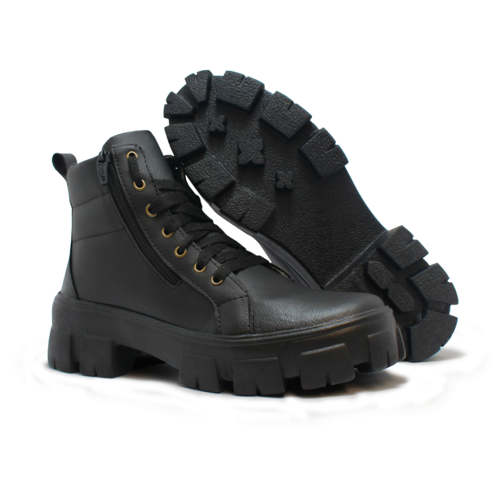 Bota Botinha Coturno Feminino Tratorada Cano Curto com Cadarço Moda Plataforma Sola Grossa Confortável