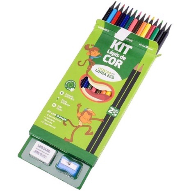 Kit Escolar 16 peças - Lapis De Cor, borracha, apontador e lapis hb leo e leo ou futuro em Oferta na Shopee