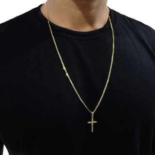 Corrente Correntinha Masculino Grumet Banhado A Ouro 18k Cordão fino e Pingente Cruz Placa