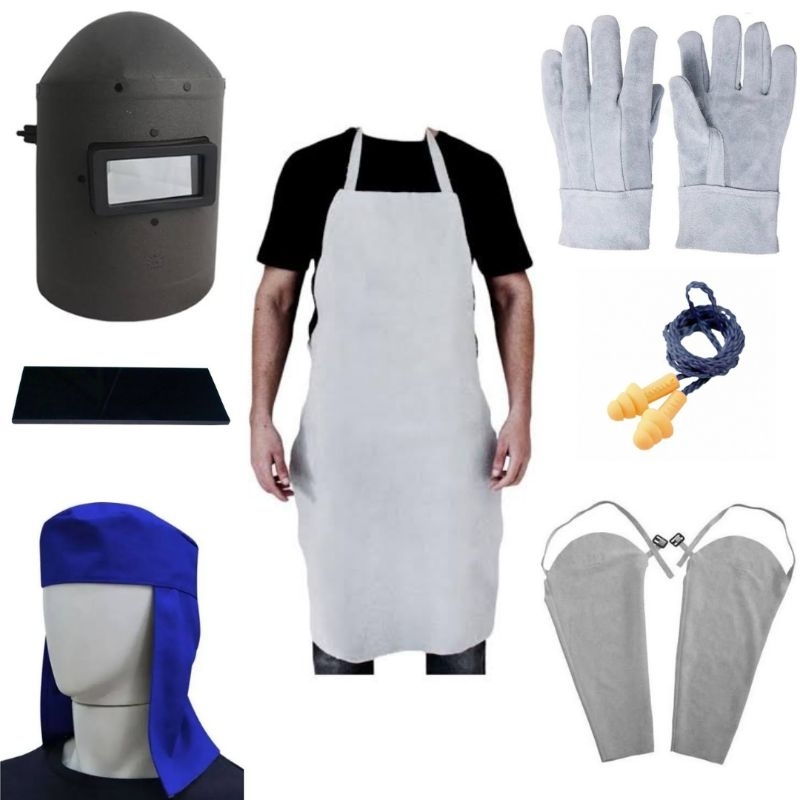 Kit Serralheiro, soldador, máscara de solda, avental, luva, mangote, touca, lente, protetor auricular