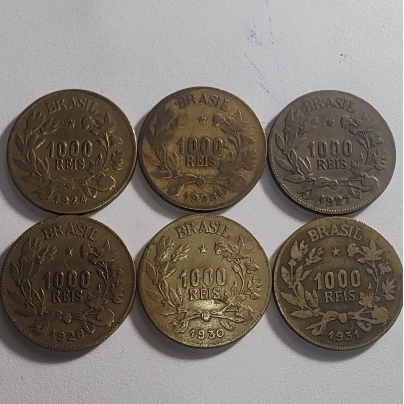 Moedas de 1000 Réis de 1924, 1925, 1927, 1928, 1929, 1930 e 1931 (Bronze Alumínio - Fortuna)