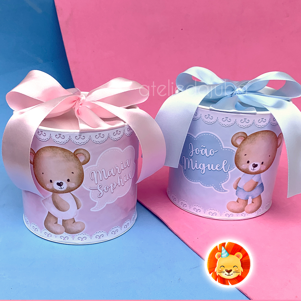 KIT Tubolatas Chá Revelação Ursinhos Menino ou Menina - 10x10 cm