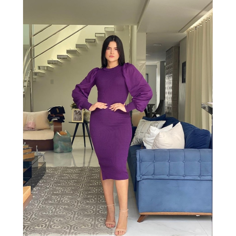 Vestido Canelado Tricot Midi Manga Balão com Fenda Lateral Moda Evangélica em Oferta na Shopee