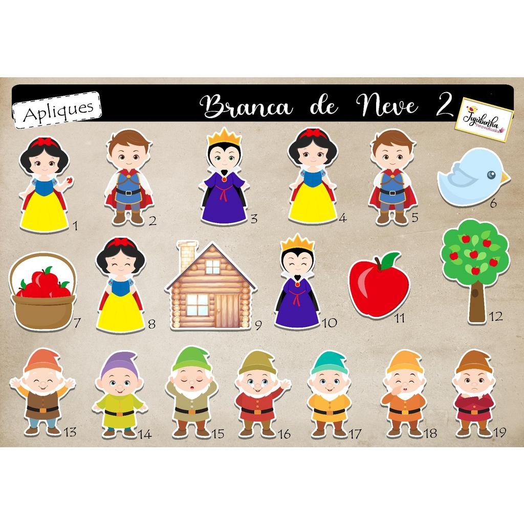 APLIQUES RECORTADOS - BRANCA DE NEVE 2 -  LEMBRANCINHA, TUBETES, DECORAÇÃO, FESTA, ANIVERSÁRIO, ARTE