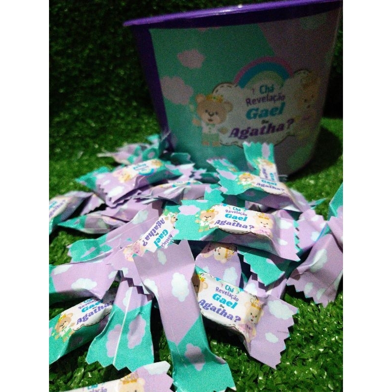 100 balas personalizadas chá de revelação ursinho VERDE E ROXO personalizado com nome, lembrancinha menino ou menina