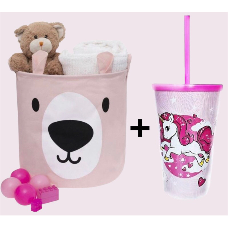 Cesto de Roupa Rosa ou Azul Dolce Home e Organização Infantil Multiuso + Mega Copo Infantil