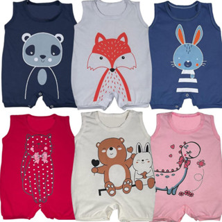 Kit 3 Peças Macacão Curto Bebe Bichos Menina E Menino