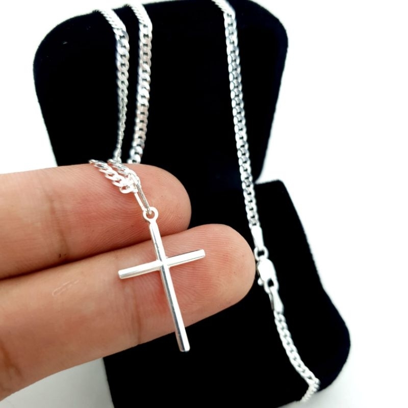 Corrente cordão Grumet escama masculino 60cm + pingente cruz palito prata 925 legítima italiana em Oferta na Shopee