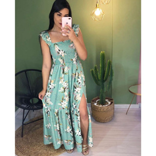 Vestido Longo Floral Elastec Vestidos de Festa Florido Verão Fenda Lateral