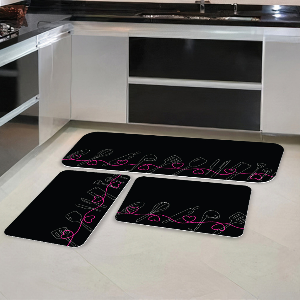 Kit Jogo 3 Peças de Tapete para Cozinha Talheres Corações Rosa Antiderrapante Dcorô