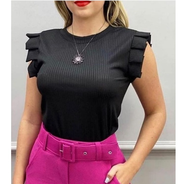 Blusa Feminina Canelada Babado Regata Gola Redonda - blusinha babadinho moda blogueira
