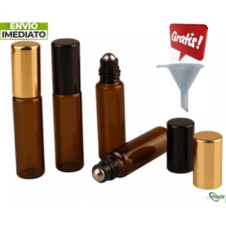 Kit 10 Frascos Roll-on Vidro Âmbar Slim 10ML Tampa Dourada + Funil Aromaterapia E Óleos Essências