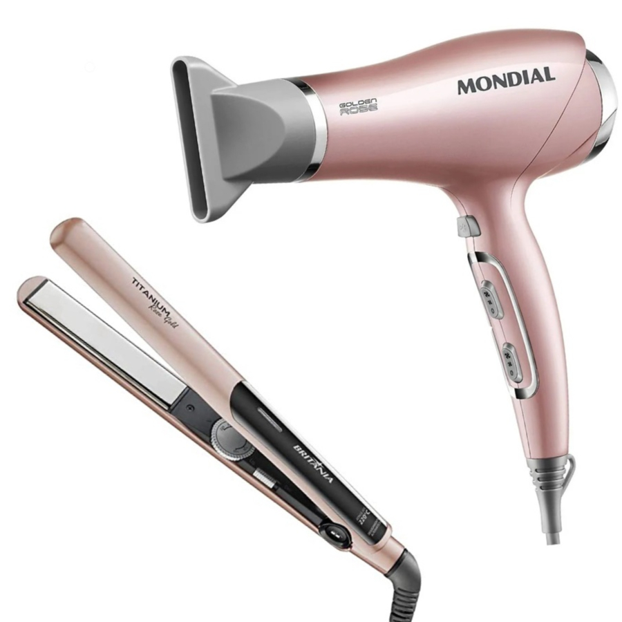 Kit Secador SC-32 e Prancha Chapinha Gold Rose 2000w Alisa Seca Rapido ...