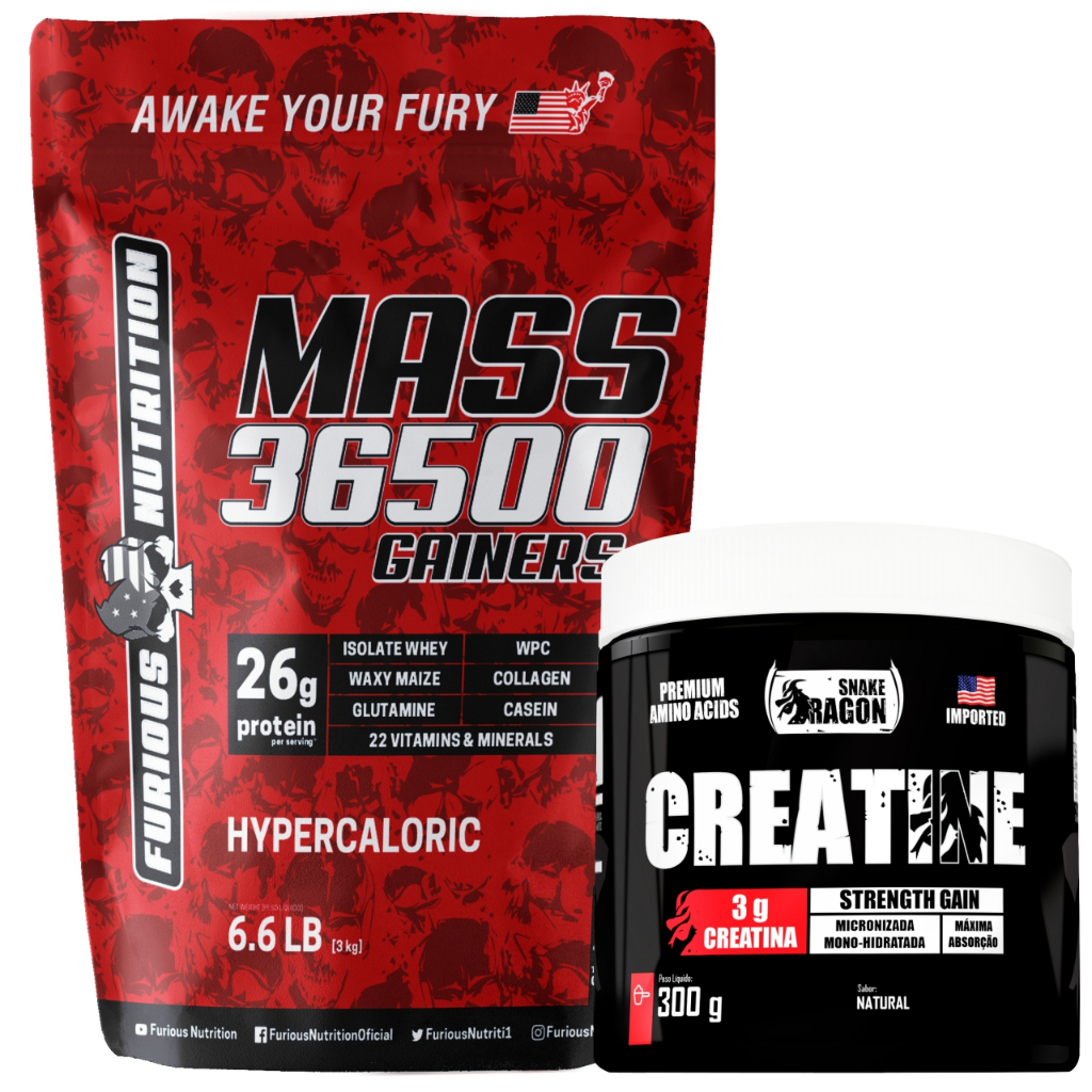 Kit Hipercalórico Mass 36500 Gainers 3kg + Creatina Snake Dragon 300g