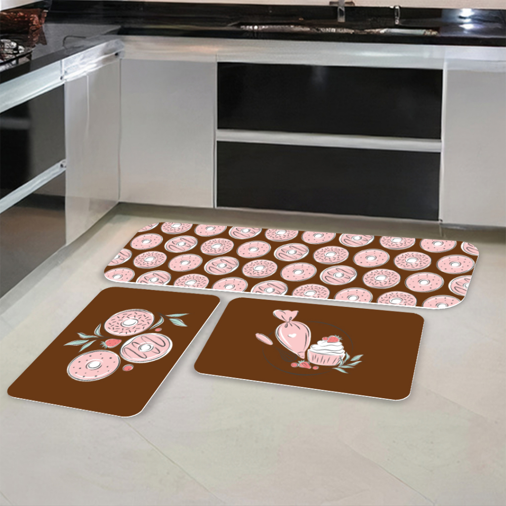 Kit Jogo 3 Peças de Tapete para Cozinha Donuts Confeiteiro Antiderrapante Dcorô