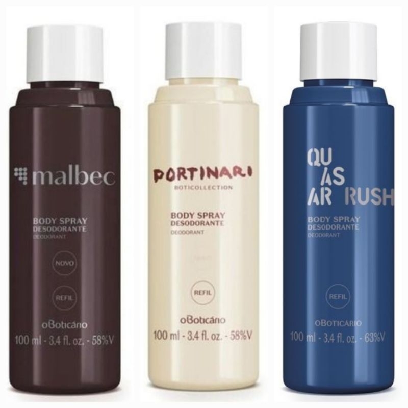 REFIL Body Spray Masculino 100ml Portinari, Quasar Rush O Boticario