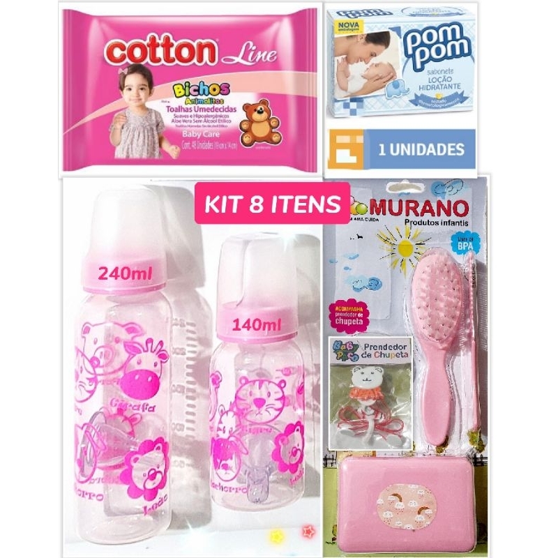 kit bebê 8 itens sabonete pompom lenço umedecido kit mamadeira animais safari pente pente escova murano