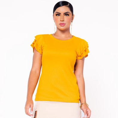 Blusa Canelado Feminina com Manga 3 babados Moda Blogueira Tendencia