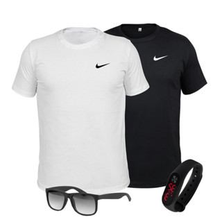 kit 2 camisetas basicas slim + relógio digital + óculos de sol