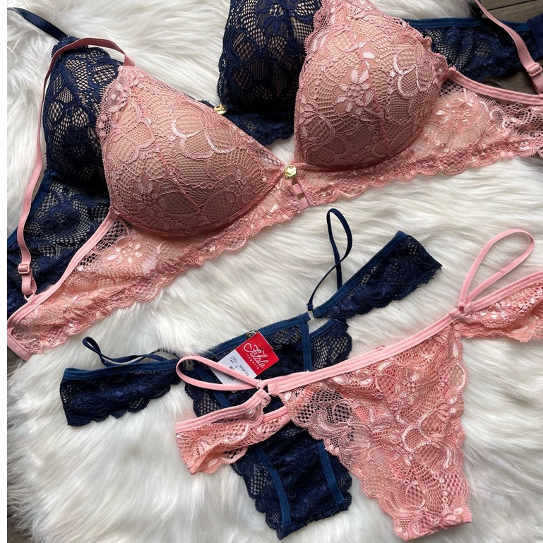Lingerie Sutiã Com Bojo Luxo Calcinha Pala Sainha Com Tira de Poliamida E Forro Algodão