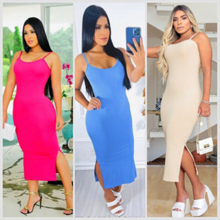 Vestido Midi Canelado Alcinha Justo festa preto